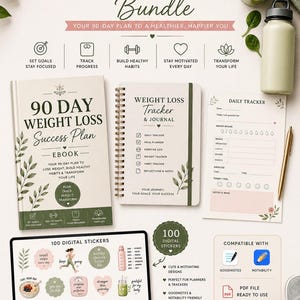 May include: A weight loss bundle with a 90-day plan, including an ebook, journal, and digital stickers. The design features a green and white color scheme with motivational text and illustrations. Includes a water bottle and a smoothie.