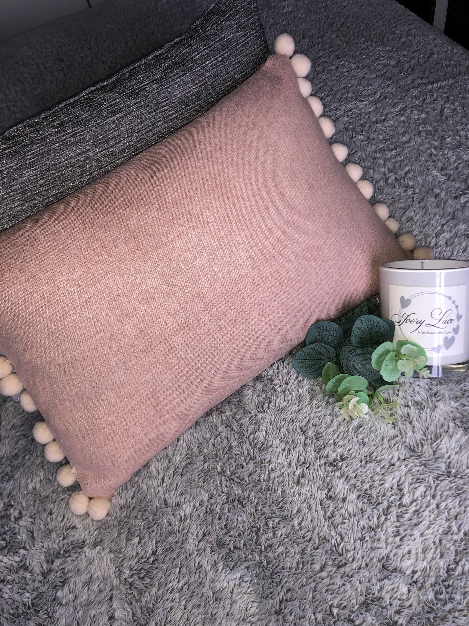 blush pink cushion with white pom pom trim accent Etsy