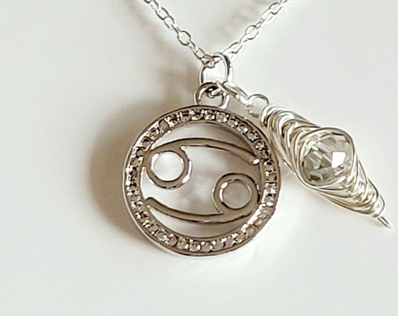 Cancer Silver Zodiac Necklace with Cubic Zirconia Pendant and Wire Wrapped Crystal Bead Dangle.