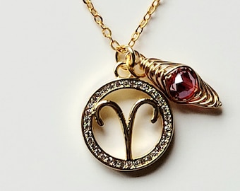 Aries Gold Zodiac Necklace with Cubic Zirconia Pendant and Wire Wrapped Crystal Bead Dangle.