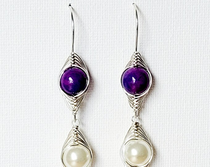 Herringbone Wire Wrap Drop Earrings - Purple and Blue  and Ivory Glass Beads