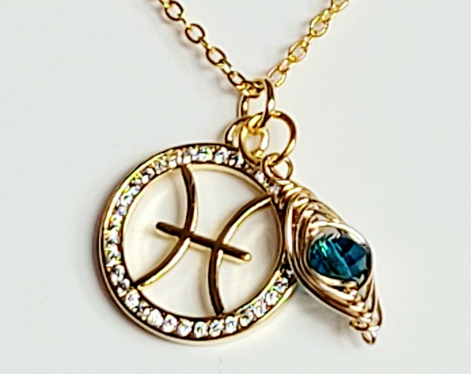 Pisces Gold Zodiac Necklace with Cubic Zirconia Pendant and Wire Wrapped Crystal Bead Dangle.