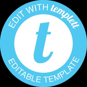 K&ouml;nnte beinhalten: Ein blauer Kreis mit dem Text "EDIT WITH templett EDITABLE TEMPLATE" um den Au&szlig;enbereich. Ein wei&szlig;er stilisierter Buchstabe "t" befindet sich in der Mitte des Kreises.
