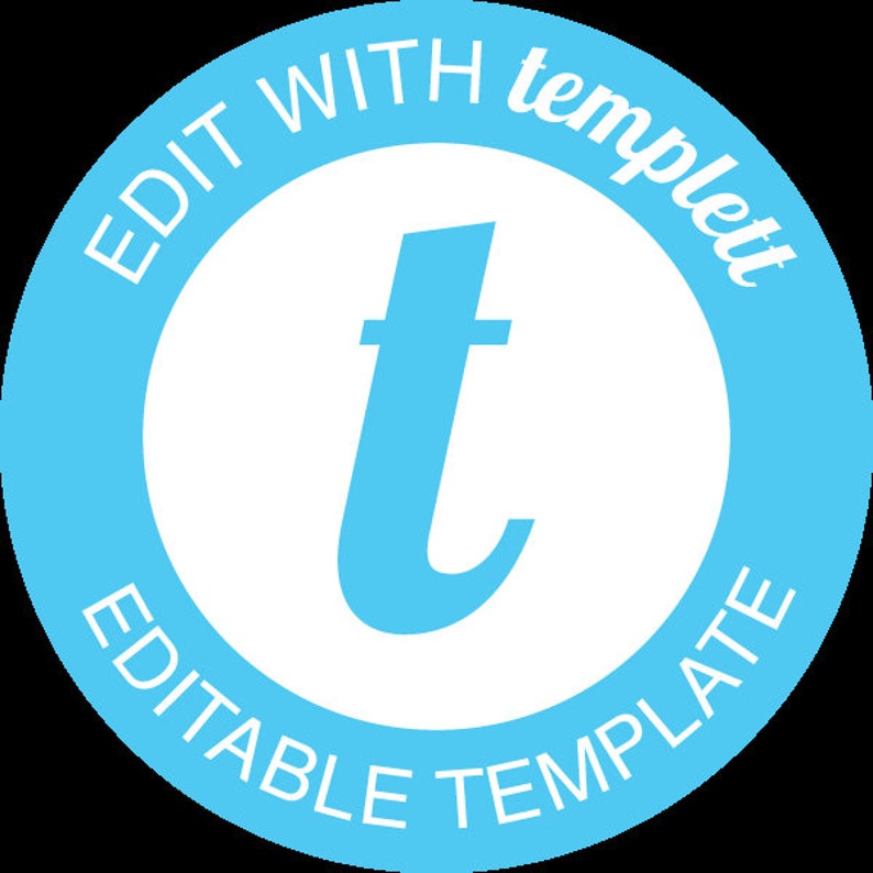 K&ouml;nnte beinhalten: Ein blauer Kreis mit dem Text "EDIT WITH templett EDITABLE TEMPLATE" um den Au&szlig;enbereich. Ein wei&szlig;er stilisierter Buchstabe "t" befindet sich in der Mitte des Kreises.