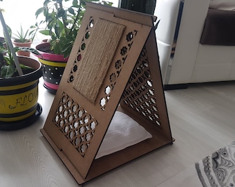 Wood Cat House, Triangle cat house, Cat Scratcher, Scratching Post,large cat house, pet furniture, indoor cat house, cat sleeping house -6.2