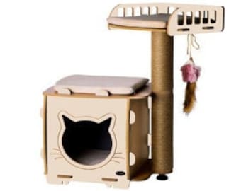 Wood Cat House, cat scratcher, Scratching post, large cat house,food container, pet bed,pet furniture, indoor cat house,Pets accessories-5.2