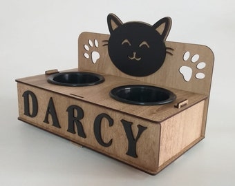 Personalized 2 Bowl Pet Feeder for Dog or Cat / Wood Cat Food Bowl / Stainless bowl / Custom color / Pet bowls / Pet accessories / cat wood