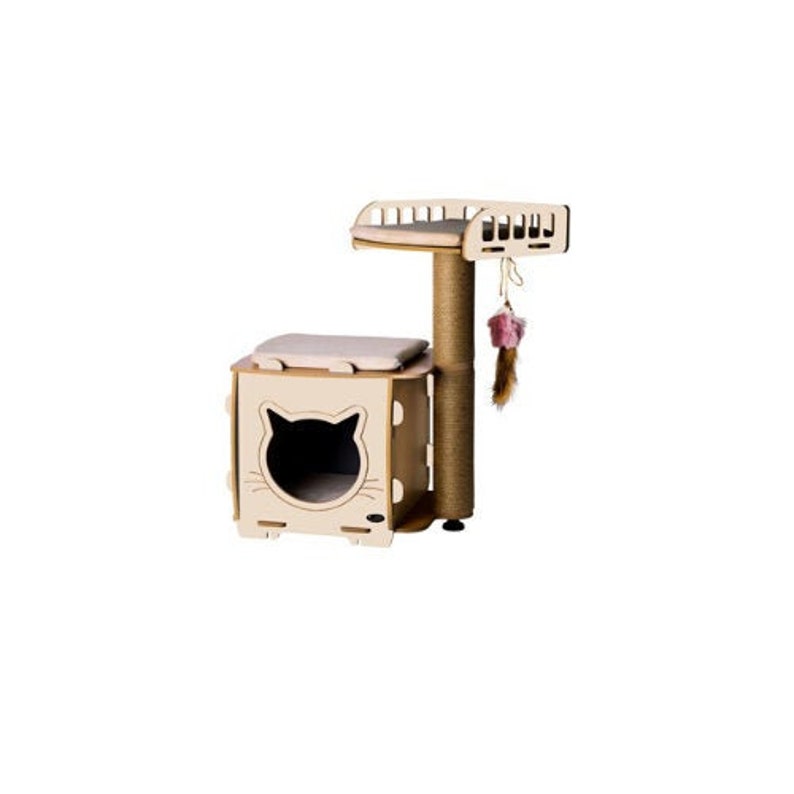 May include: A wooden cat tree with a scratching post, a bed with a cat-shaped cutout, and a platform with a pink toy. The cat tree is made of natural wood and has a light brown finish.