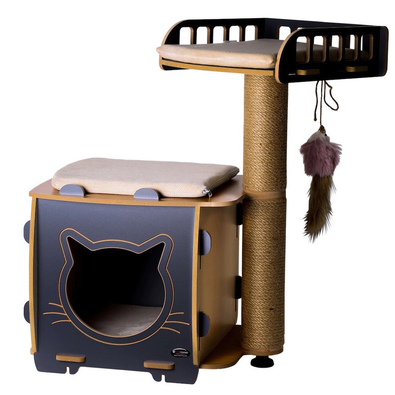 May include: A cat tree with a gray and brown wooden base, a beige cushion, a cat-shaped opening, and a tall scratching post with a beige cushion on top. A pink and brown feather toy dangles from the top.