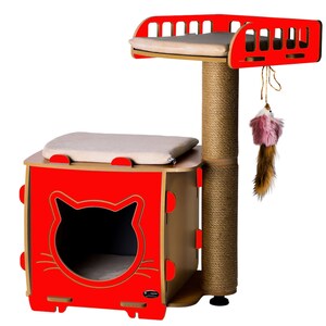 May include: Red cat tree with a scratching post, a platform with a beige cushion, and a cat house with a beige cushion and a cat-shaped opening. The cat house has a red exterior with a black cat silhouette.