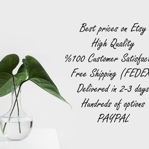 May include: A vase with green leaves in it. The text on the white background reads: "Best prices on Etsy, High Quality, %100 Customer Satisfaction, Free Shipping (FEDEX), Delivered in 2-3 days, Hundreds of options, PAYPAL."