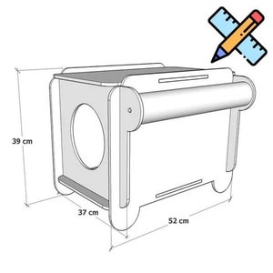 May include: A white wooden cat house with a tunnel entrance and a flat top surface. The house measures 39 inches tall, 37 inches wide, and 52 inches long.