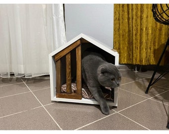 Stylish plywood cat house, cozy cat bed Rustical Box Dark Oak