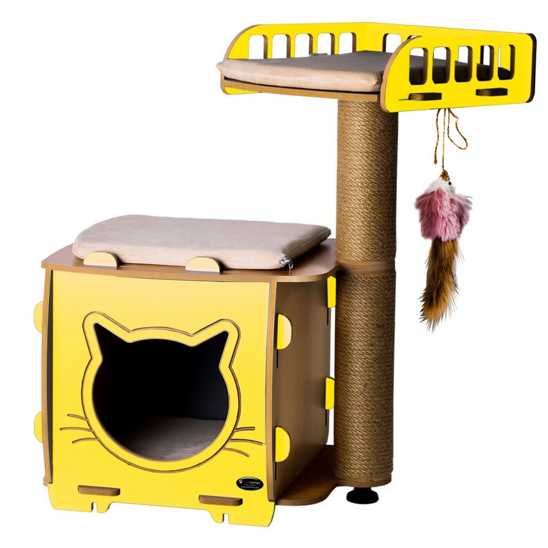 May include: Yellow cat condo with a scratching post, a bed, and a platform with a dangling toy. The condo has a cat-shaped opening and a soft cushion.