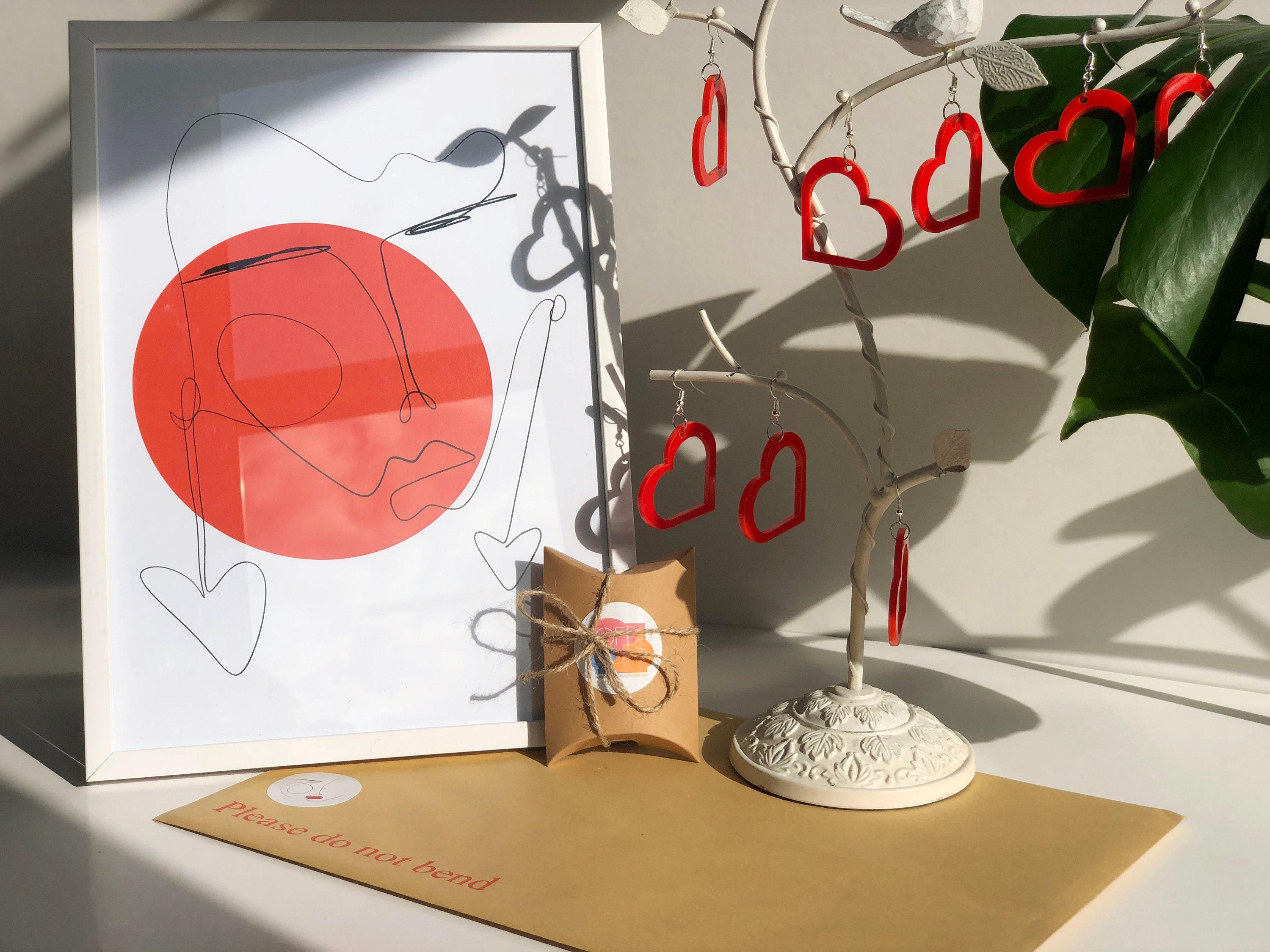 Minimalist Peachy Earrings Line Drawing Print and Colourful Peach Flower Earrings Artist Collaboration A4 Print and Earrings Gift Set