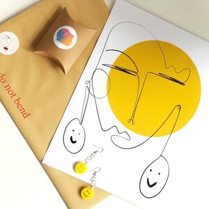 Minimalist Peachy Earrings Line Drawing Print and Colourful Peach Flower Earrings Artist Collaboration A4 Print and Earrings Gift Set