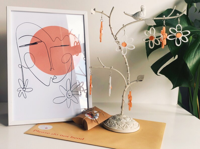 Minimalist Peachy Earrings Line Drawing Print and Colourful Peach Flower Earrings Artist Collaboration A4 Print and Earrings Gift Set