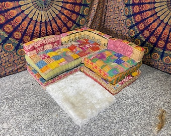 Vintage Kantha Patchwork Bodensofa - Handgefertigte indische Boho Sitzcouch 3 Sitzer