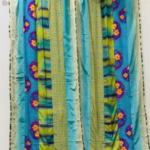 Vintage Silk Sari Multi Color Handmade Strip Curtain Door Drape Window Home Decor Upcycled 2 Panel Curtain