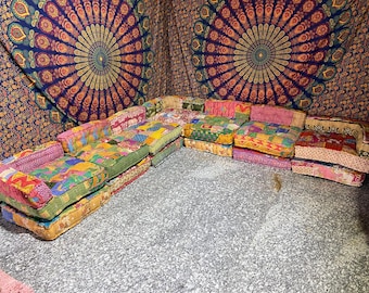 Vintage Kantha Patchwork Bodensofa - Handgemachte indische Boho Sitzcouch 7 Sitzer