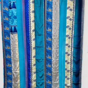 2 Pcs Set Indian Vintage Silk Sari Curtains Handmade Blue Color Boho Curtain Upcycled Drape for Living Room, Bedroom, Window & Doorways
