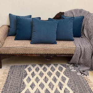Blue Cotton Velvet Pillow Cover with Piping - Handmade Cushion