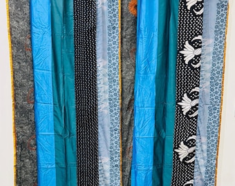 Upcycling Seide Saree Vorhang: Blaue Boho Fenster Dekoration, Handgemachte indische Streifen