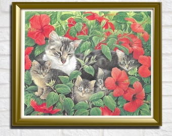 Vintage Cat Print by Lesley Anne Ivory, Unframed Vintage Print, Cat and Kittens in Red Flowers, Garden, Grey Tabby, Cat Lover Gift