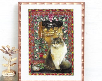 Small Christmas Cat Print by Lesley Anne Ivory, Vintage Print, Unframed, Agneatha And Her Christmas Decoration, Book Page, Persian