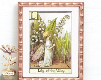 L for The Lily-of-the-Valley Fairy, Unframed Alphabet Flower Fairies, Mallow On Reverse, Vintage Print Flower Fairy, Cicely Mary Barker