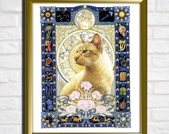 Large Vintage Cat Print by Lesley Anne Ivory, Unframed Horoscope Print, Sagittarius, Zodiac Star Sign, Astrology, Cat Lover Gift, Blue Decor