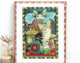 Small Christmas Cat Print by Lesley Anne Ivory, Vintage Print, Unframed, Harry And Sheena And The Christmas Presents, Book Page, Cat Lover