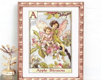 A for The Apple Blossom Fairies, Unframed, Vintage Flower Fairy Print, Alphabet Flower Fairies, Cicely Mary Barker, Book Page Plate