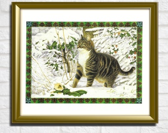 Large Christmas Carol Cat Print, by Lesley Anne Ivory, Unframed Vintage Print, In The Bleak Mid Winter, Book Page, Cat Lover Gift, Cats