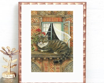 Small Cat Print by Lesley Anne Ivory, Vintage Print, Tabby Cat Laying On Window Sill , Unframed, Wall Art, Book Page, Cat Lover Gift, Cats