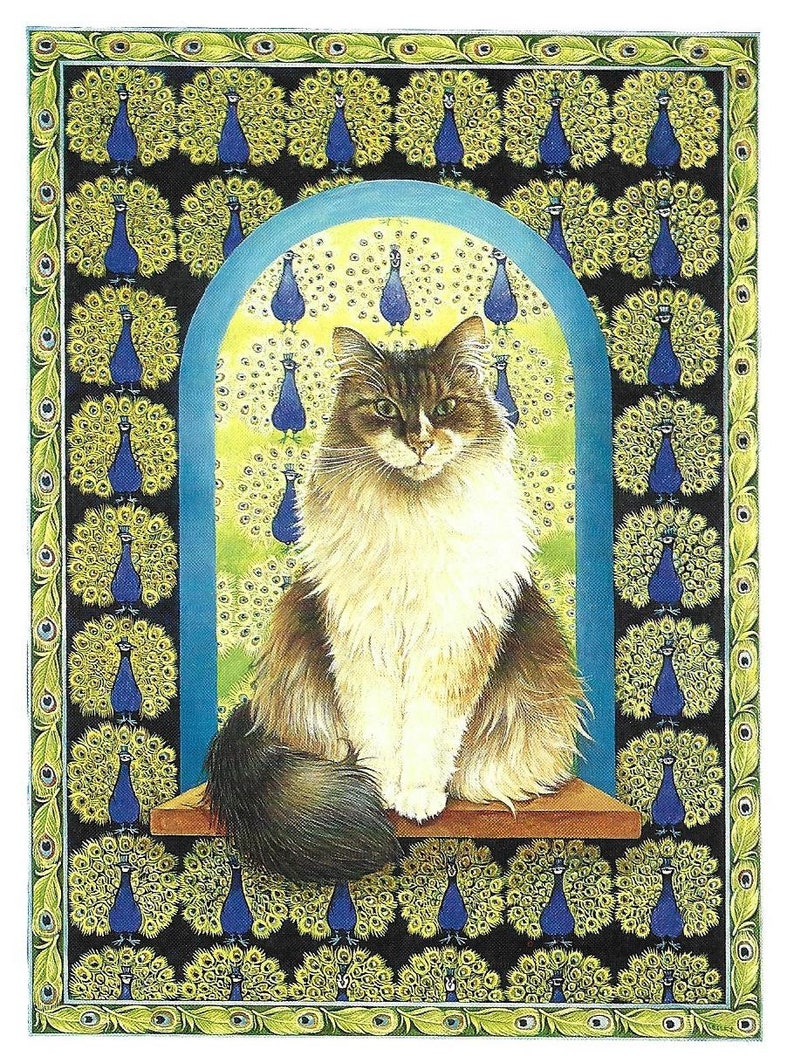 Small Cat Print by Lesley Anne Ivory, Vintage Print, Agneatha, Peacocks, Persian, Unframed, Wall Art, Book Page, Cat Lover Gift, Pet Cat image 2