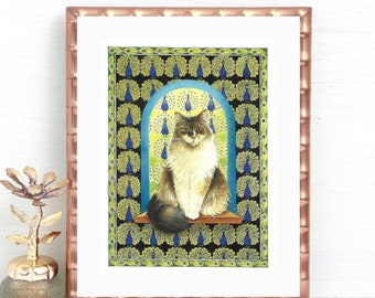 Small Cat Print by Lesley Anne Ivory, Vintage Print, Agneatha, Peacocks, Persian, Unframed, Wall Art, Book Page, Cat Lover Gift, Pet Cat