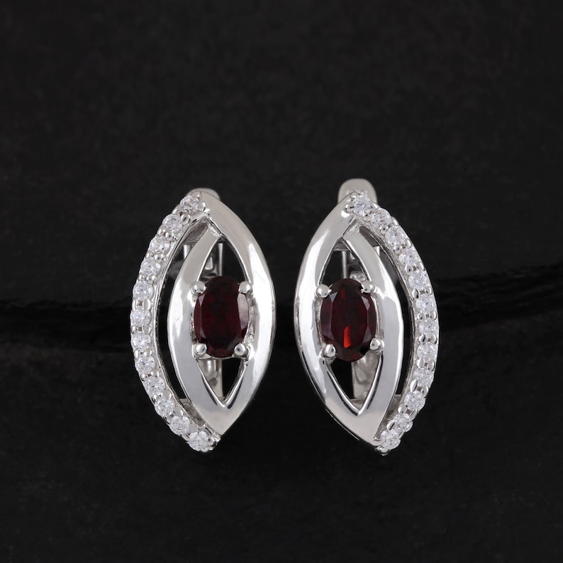 Genuine Red Garnet /& Cubic Zircon Clip-On Eye Shape Earrings Handmade Solid 925 Sterling Silver Fine Jewelry New YearChristmas Gift