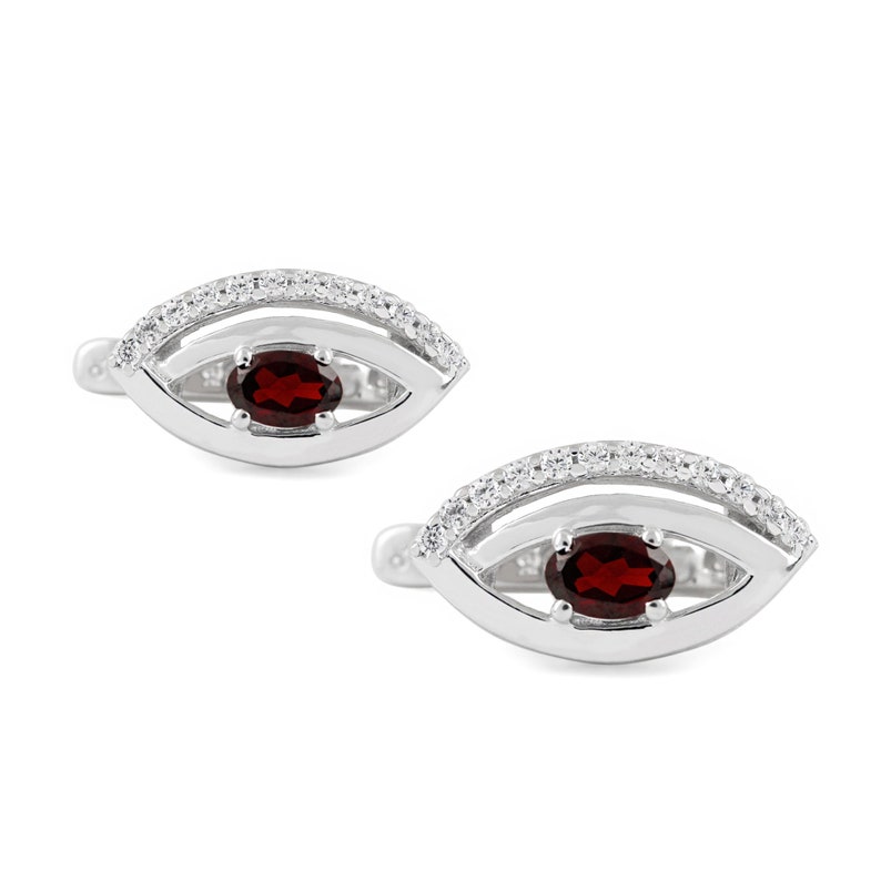Genuine Red Garnet /& Cubic Zircon Clip-On Eye Shape Earrings Handmade Solid 925 Sterling Silver Fine Jewelry New YearChristmas Gift