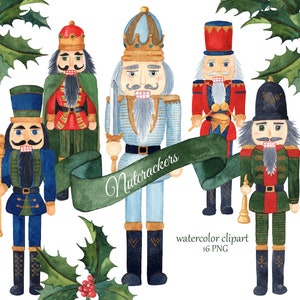 Clipart de Natal de quebra-nozes em aquarela. Inverno, verdura, azevinho Clipart