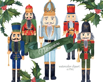 Watercolor Nutcrackers Christmas Clipart. Winter Greenery Holly Clipart