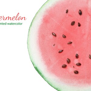 May include: Watercolor illustration of a watermelon slice. The pink flesh is dotted with dark brown seeds. The rind is green and white. Text in the upper left corner reads "Watermelon, Hand-painted watercolor."
