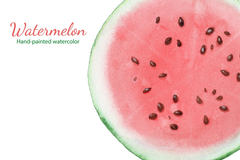 May include: Watercolor illustration of a watermelon slice. The pink flesh is dotted with dark brown seeds. The rind is green and white. Text in the upper left corner reads "Watermelon, Hand-painted watercolor."