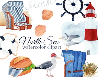 Nautical watercolor clipart, North Sea clipart, Europe travel, lighthouse, beach clipart