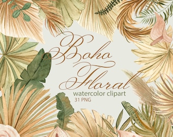Boho Floral Clipart. Watercolor Dried Palm Leaves and Flowers