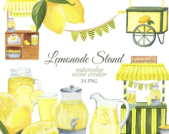 Lemonade Stand Watercolor Clipart, Scene Creator, Lemonade PNG, Citrus clipart, Farmhouse decor