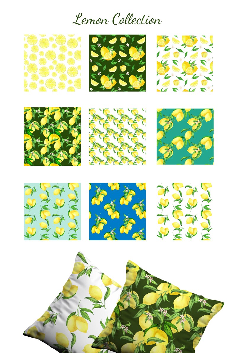 Lemon Digital Paper Pack Watercolor Lemon seamless pattern set
