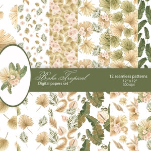 Ensemble de papiers aquarelle Boho Tropical Seamless Digital. Feuilles de palmier séchées et bouquets de motifs sans couture.