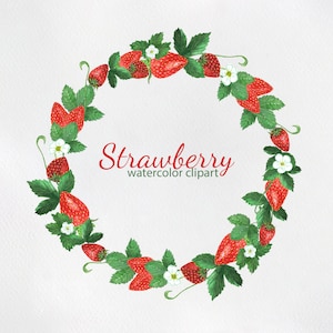 Strawberry Wreath Aquarelle Clipart, Strawberry art for kitchen, wall, invitations, Instant Download