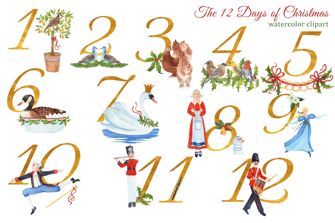The 12 Days of Christmas Watercolor PNG Clipart With Gold Numbers for ...